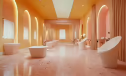 the inside of an orange bathroom, with multiple toilets
