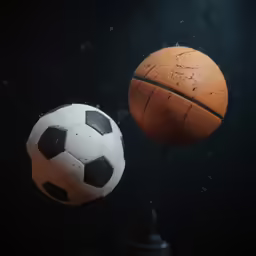 two balls flying in the air on top of a black surface