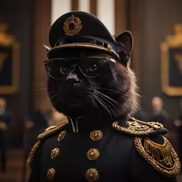a cat wearing a military uniform stands in front of other cats