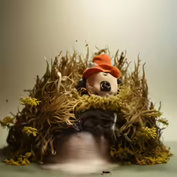 an odd looking toy with a hat is in hay