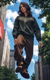 a woman is standing on a skateboard outside