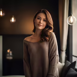 a woman standing near a bed wearing a sweater