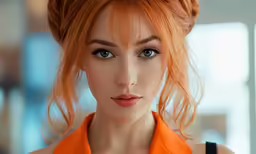 a beautiful woman with red hair is posing for the camera