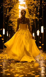 a woman in yellow dress on a dark and bright street