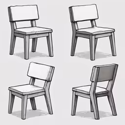 four white chairs in four different positions, one with a seat and one with a backrest