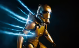 a star wars character in action with blue light shining behind