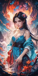 a woman in a blue dress holding scissors