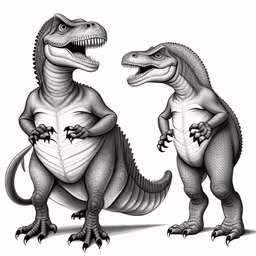 two large alligators are standing together in black and white,two large dinosaurs that are standing next to each other,two godzillas standing next to each other,two godzillas standing side by side, one with a mouth open,two cartoon dinosaurs facing each other with their mouths open
