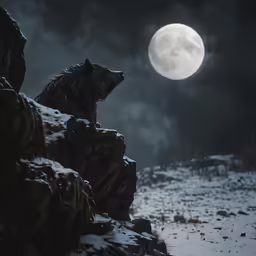 the wolf sits on a rock outcropping in front of the moon