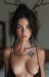a woman in a black bikini with tattoos,a naked woman with tattoos in a black bikini