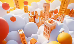 a picture of many buildings and a bunch of balloons