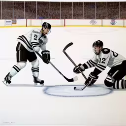 a painting of two hockey players with the goal on the ice,a painting of hockey players in the middle of an arena
