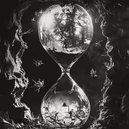 a photo of a hourglass with some trees inside