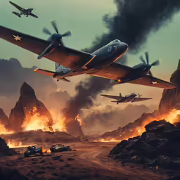 two planes flying over a rocky terrain covered in fire
