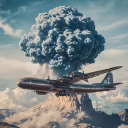 a bomber is in the sky over a large cloud of smoke