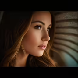 a girl looking up with a long wavy hair