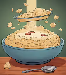 a bowl with some food and spoon on it,a bowl of food on a table with a spoon and a spatula