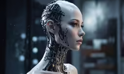 woman in robot - like suit staring at something