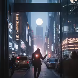 a person with a flashlight walks down a street