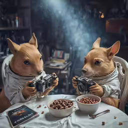 two dogs in outfits are sitting at a table