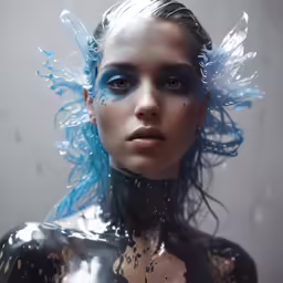 the beautiful model in blue makeup has artistic wings