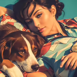 a woman lies on a bed with her brown and white dog