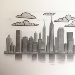 a drawing is shown as if it are in an art show,a pencil drawing of cityscape with skyscrapers and clouds