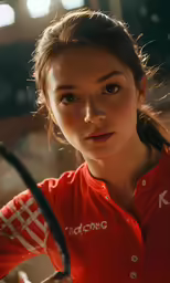 the young woman holds a tennis racket