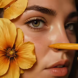 a woman in brown eye makeup has yellow flowers