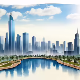 a city skyline towering over a body of water in the foreground