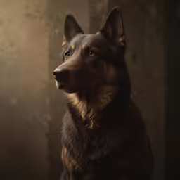 a large brown and black dog is sitting next to a door