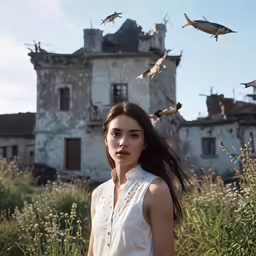 a woman standing in front of an old house with flock of birds flying around her