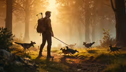 a man in brown jacket with dogs walking in forest,the hikers are taking their dog for a morning walk