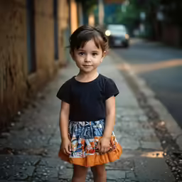 a small girl standing in front of a brick street