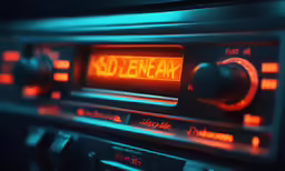 a radio with red words and a green light on top