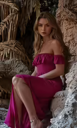 a woman in a long pink dress is sitting on rocks