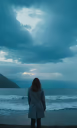 a woman stands on the edge of a beach under a cloudy sky