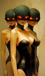 a painting of three women with glowing red eyes