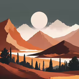 a sunset image with mountains and trees,a landscape photo of the mountains, trees and a body of water