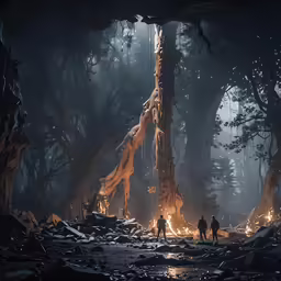 people are standing in the woods with torches