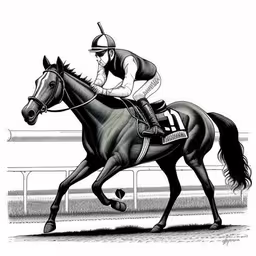 this black and white drawing shows the jockey riding his horse on the track,a horse and jockey racing on a track