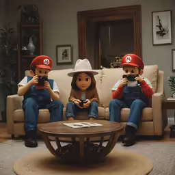three people wearing overalls and hats on couch