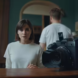 a young woman is in the mirror and a man is walking behind her