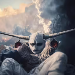 an evil clown is posed on a pile of rubble