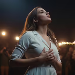 the woman in a white dress is in front of people