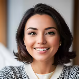 a woman smiling while wearing a sweater and pearls