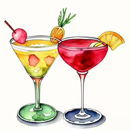 two colorful drinks sitting on top of a green base,two glasses filled with different kinds of liquid