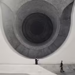two people in suits are walking towards a gray spiral
