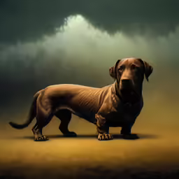 a dog standing in the middle of a picture with storm clouds