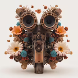 a brown bird statue has flowers surrounding it